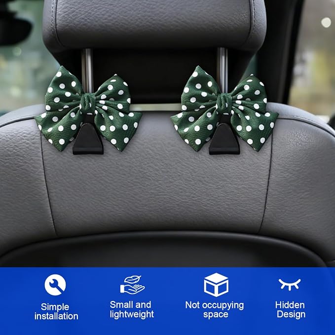 2PCS Car Seat Headrest Hook, Cute Bow Backseat Hanger Holder for Purse Bag Handbag Coat, Auto Interior Seat Back Grocery Storage Organizer Hook, Universal for Vehicles (Green Polka Dots)