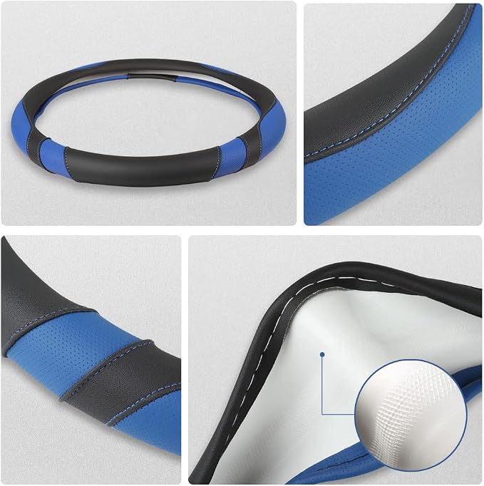 Customized Auto Car Steering Wheel Cover for Dodge RAM 1500 2500 3500, 15.5-16 inch (Black+Blue-Large Size)
