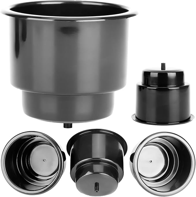 (Set of 4) Amarine-Made Black Recessed Drop in Plastic Cup Drink Can Holder with Drain for Boat Car Marine Rv - Black