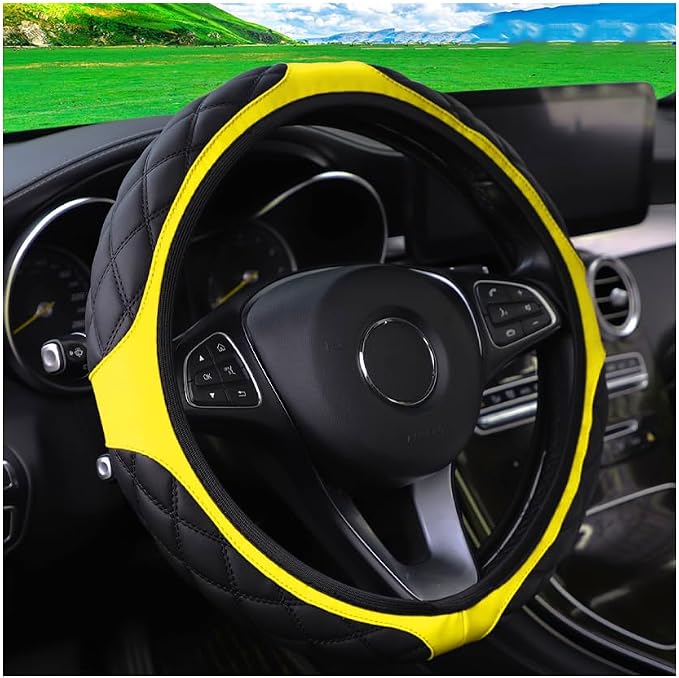 15 Inch Car Leather Steering Wheel Cover, Automotive Accessories Elastic Breathable Anti-Slip Soft Wheel Protector Fits Men and Women, Suitable for SUVs, Trucks, Vehicles and RVs (Yellow)