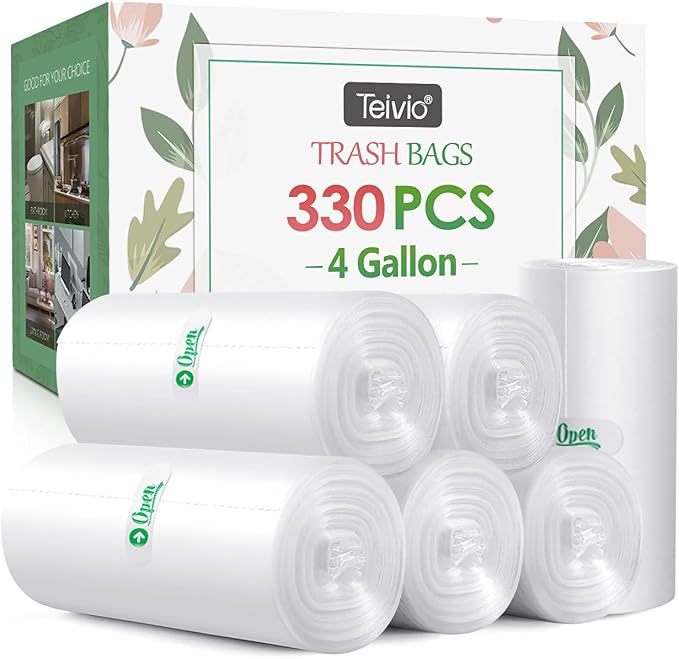 4 Gallon 330 Counts Small Clear Trash Bags Garbage Bags by, Bathroom Trash Can Bin Liners, Small Plastic Bags for home office kitchen, fit 12-15 Liter, 3,3.5,4.5 Gal, Clear