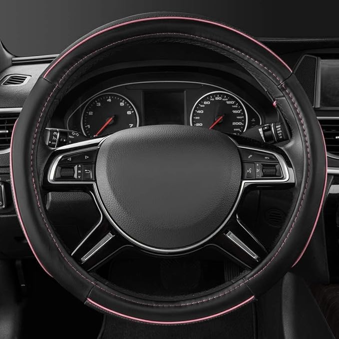 Colour Piping Leather Universal Fit Steering Wheel Cover, Perfectly fit for 14.5-15 inches Suvs, Vans, Trucks, Sedans, Cars (Black&Pink)