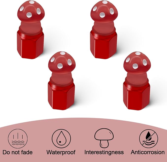 4 Pack Cute Mushrooms Tire Valve Caps, Glow in The Dark, Universal Fit for Cars, Motorcycles, Trucks, and Bicycles (Red)