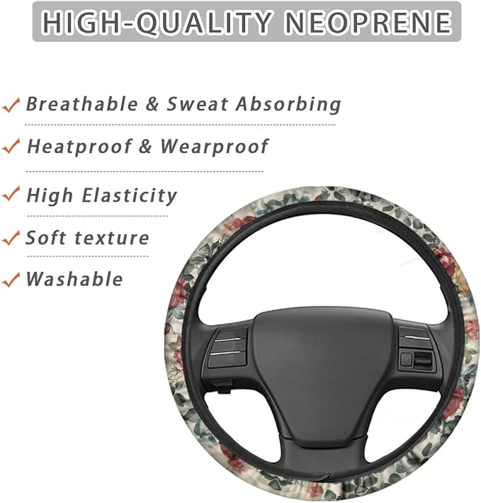 Car Steering Wheel Cover Retro Rose Red Yellow Pattern Easy to Install Car Wheel Cover Protector Car Decoration Steering Wheels Accessories for Van Car SUV Truck