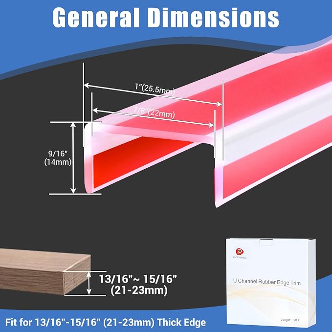 Clear Rubber Edge Trim, Self-Adhesive Transparent Edge Trim, 7/8"(22mm) Edge Protector for Plywood, Cabniets or Drawers, Flexible Silicone Rubber Material, Wide U Channel Edge Guards