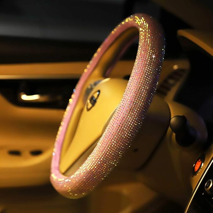 Pink Bling Steering Wheel Cover for Women Sparkly Rhinestone Bedazzled Car Accessories Diamond Cute 15.5-16 inch for Large Size Steering Wheel