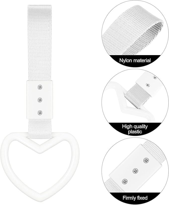 2 Pieces Rings Heart Shaped Car Handle Straps Drift Charm Rear Bumper Warning Ring Decor Subway Bus Broken Heart Handle for Car Interior(White with Silver Rope)
