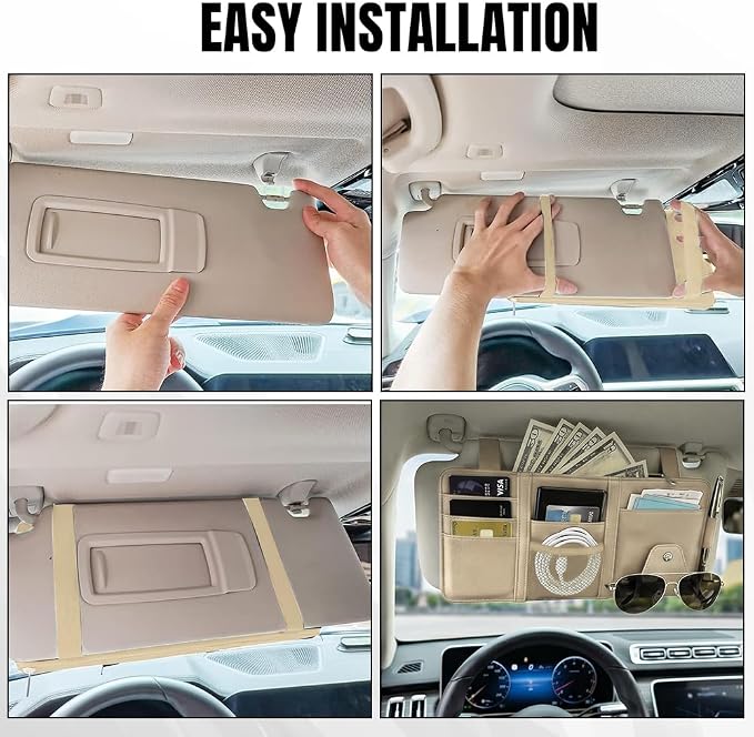 Car Sun Visor Organizer, Truck Visor Organizer, Leather Multi-Pocket Auto Visor Storage Pocket Pouch Holder with Zipper, Auto Accessories Storage Bag for Driving License Card Pen (Beige)