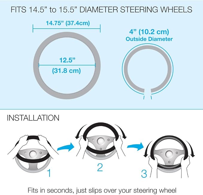 Gray Leather Car Steering Wheel Cover Large Size 15.5 to 16 inch, Easy Installation