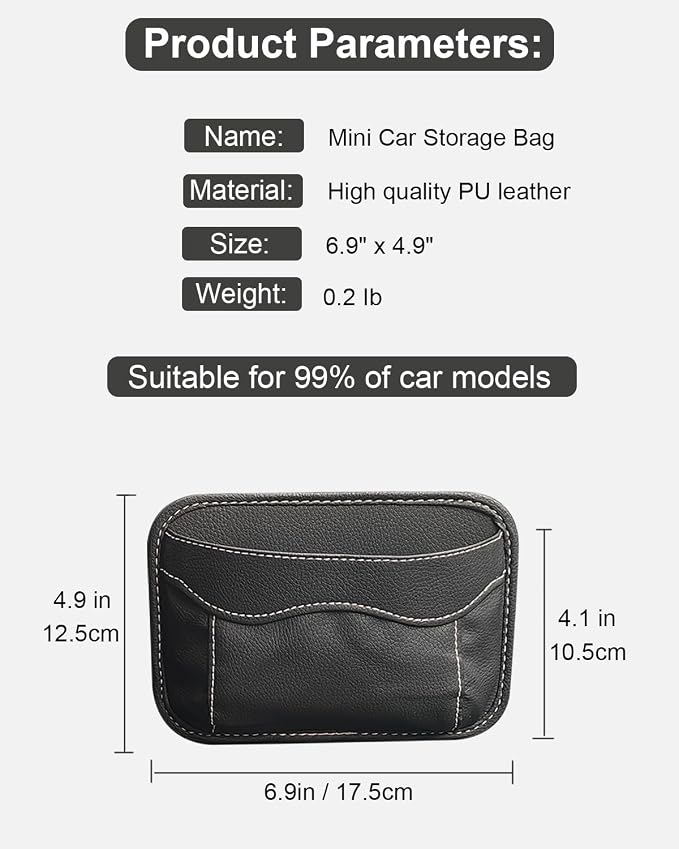 Reusable Adhesive Small Car Seat Side Pocket Organizer, No Residue Removable PU Leather Car Storage bag, Universal Vehicle Door & Console Pouch for Phone Keys Wallet etc, Black