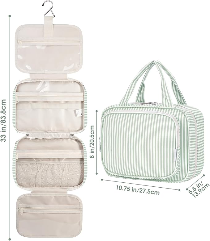 Striped Hanging Toiletry Bag for Women Travel Makeup Bag Organizer Toiletries Bag for Travel Size Essentials Accessories Cosmetics (Mint Green Stripe (Medium))
