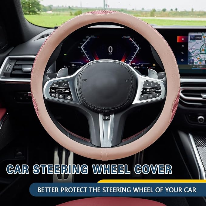 Car Steering Wheel Cover, Steering Wheel Accessories, Universal 15 Inch Microfiber Breathable LCE Silk, Car Accessories Breathable Anti-Slip Protector Universal for SUV Sedan Truck (Pink)