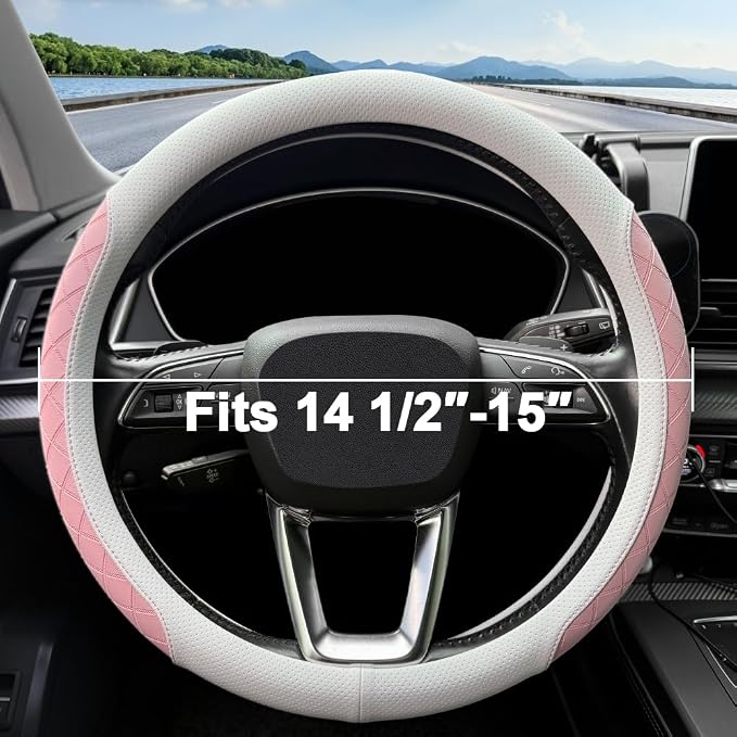 Nappa Leather Steering Wheel Cover,Elegant Diamond Checkered Design, Non-Slip wear-Resistant, Enhance Driving Comfort, Suitable for Steering Wheel Diameter 14 1/2‘-15’ Models.White and Pink
