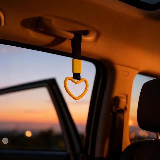 2 Pcs Heart Shaped Car Handle Strap – Drift Charm Rear Bumper Warning Ring Decor for Car Interior Exterior, Subway Bus Handle Accessory, Cute Heart Car Decor Gift for Women & Men (Yellow)