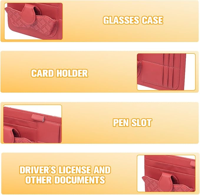Car Sun Visor Organizer, Multifunctional Visor Storage Pouch with Sunglasses Holder & Card Sleeve Pocket, Auto Interior Organizer Pocket Bag for Pens Cards Documents, Universal Fit (Red)