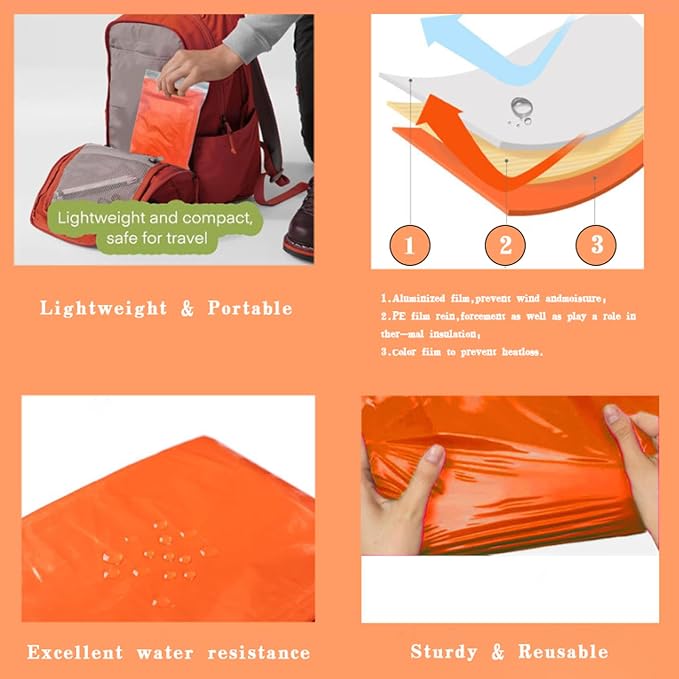 5Pack Emergency Poncho Portable Thermal Mylar Survival Rain Poncho with Hood for Adults Emergency Supplies and Survival Kits for Outdoor Camping,Hiking,First Aid,Orange