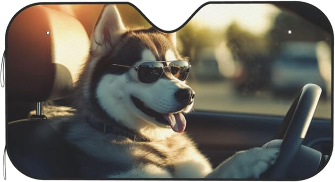Windshield Sun Shade Funny Driving Husky Dog Car Front Window Sunshade Cover for Truck SUV Blocks UV Rays Automotive Visor Interior Protector 51 x 27.5 inch