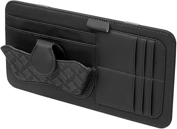 Car Sun Visor Organizer, Multi-functional Vehicle Storage Clip with Sunglasses Holder Document Holder, PU Minimalist Stylish Storage Interior Organizer, for Most Vehicles (Black)