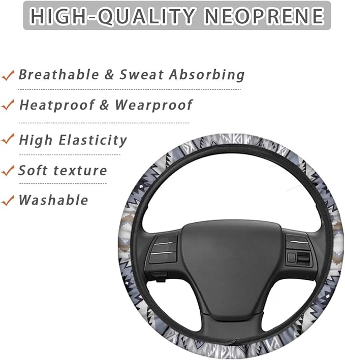 Auto Steering Wheel Cover for Women Men, Universal 15 Inch Soft Elastic Steering Wheel Wrap Anti-Slip Easy to Install Car Accessories, Southwest Aztec Blue Gray