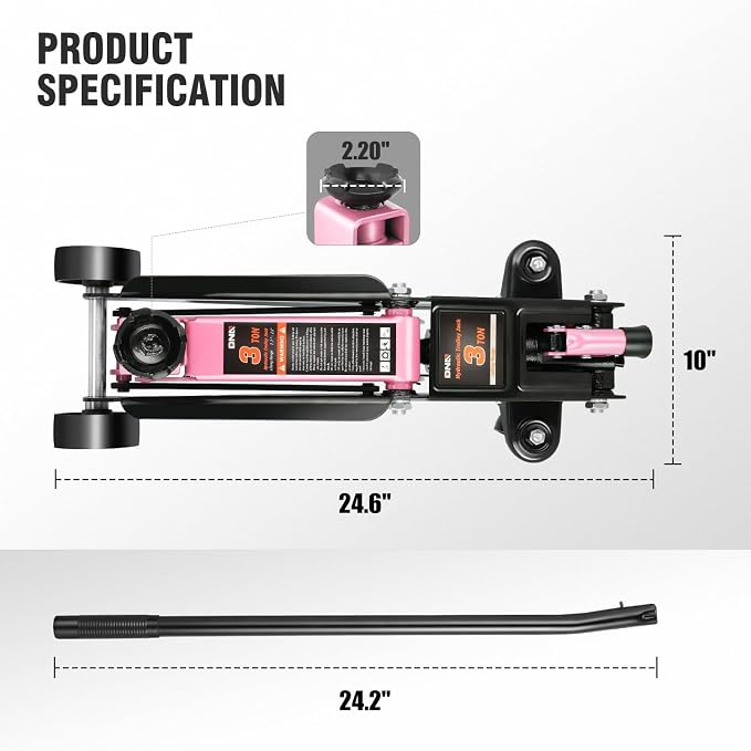 DNA Motoring 3 Ton Low Profile Floor Jack, 3 tons (6000 lbs) Capacity Fast Lift Hydraulic Trolley Service/Floor Jack, 7.7 "-21" Lifting Range, Pink, TOOLS-00674-PK