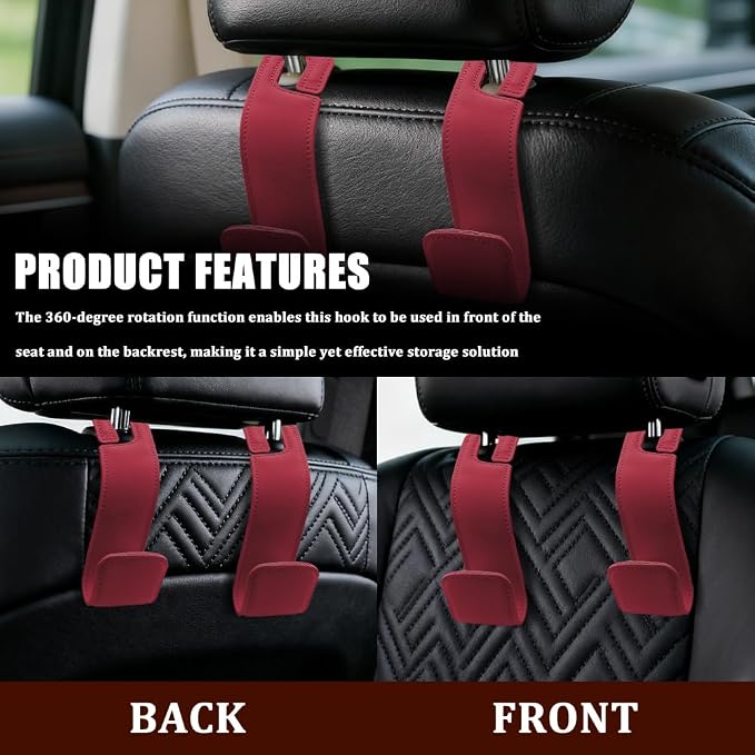 2PCS Car Seat Headrest Hooks, Purse Hook for Car, Automotive Headrest Handbags Holder, Auto Accessories Leather Seatback Organizer Hanger for Hanging Purses Bags Coats (Red, 2PCS)