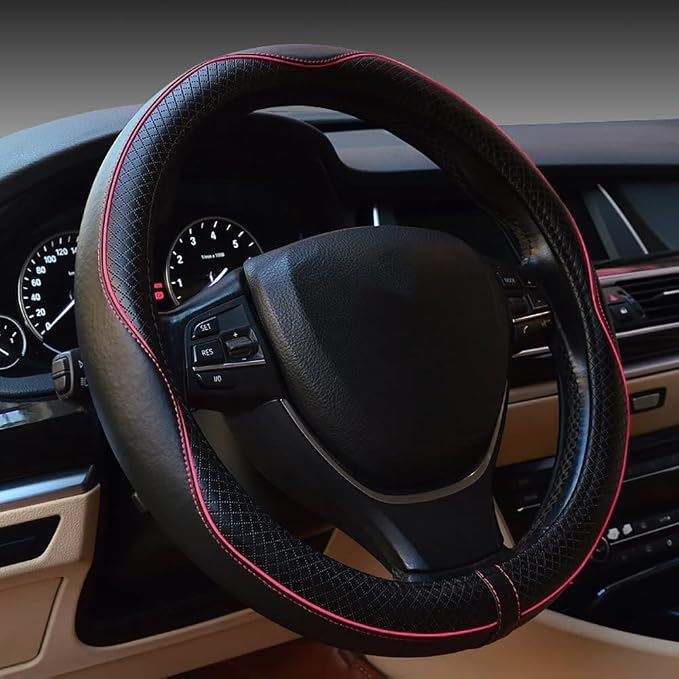 Car Steering Wheel Cover, Anti-Slip, Safety, Soft, Breathable, Heavy Duty, Thick, Full Surround, Sports Style (Black with Pink Line)