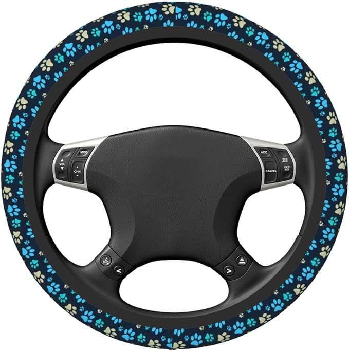 Blue Dog Paw Print Auto Car Steering Wheel Cover Universal 15 Inch Neoprene Interior Decor Protection Accessories