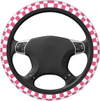 Pink Checkered Steering Wheel Cover for Women,Universal Auto Steering Wheel 14-15 Inch Car Interior Accessories with 2PCS Car Coasters,Suitable for Men and Women