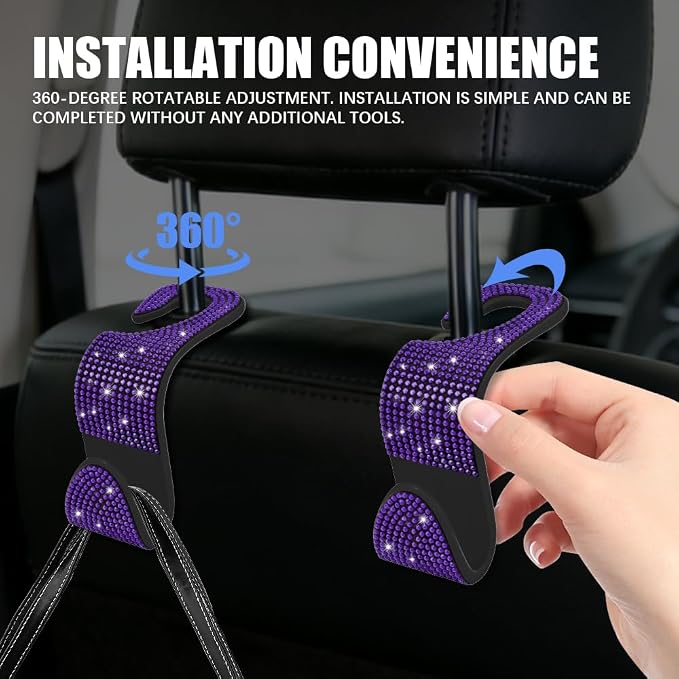 4PCS Bling Car Seat Headrest Hooks, Purse Holder for Car, Vehicle Back Seat Purse Handbag Hanging Holder with Crystal Rhinestone, Diamond Car Rear Seat Organizer for Vehicles (Purple)