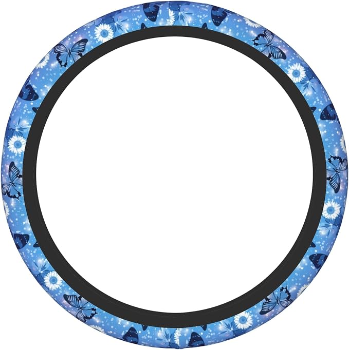 Blue Butterfly Steering Wheel Cover for Women Girls Flower Universal 15 inch Neoprene Anti-Slip Car Wheel Protector