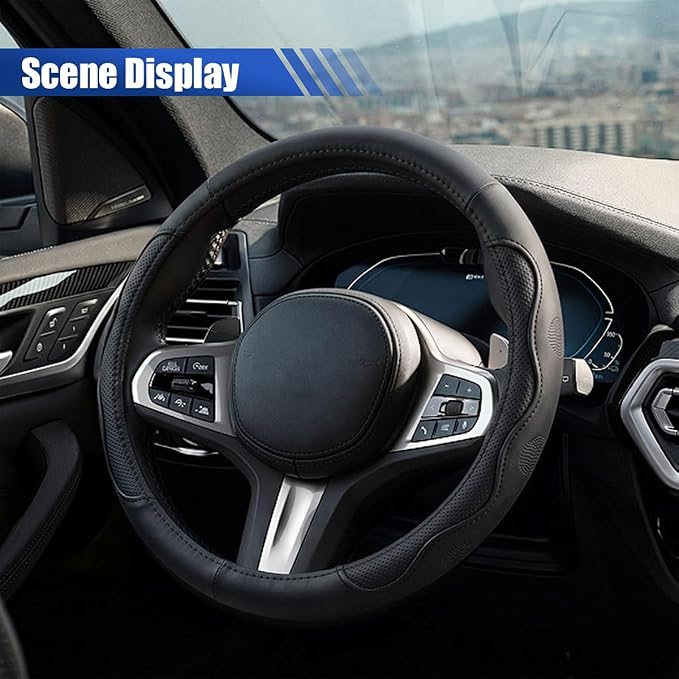 15 Inch Leather Car Steering Wheel Cover for SUV, Truck, Blackline | Anti-Slip Breathable Automotive Steering Wheel Protector, Universal Heat Resistant Vehicle Interior Accessories