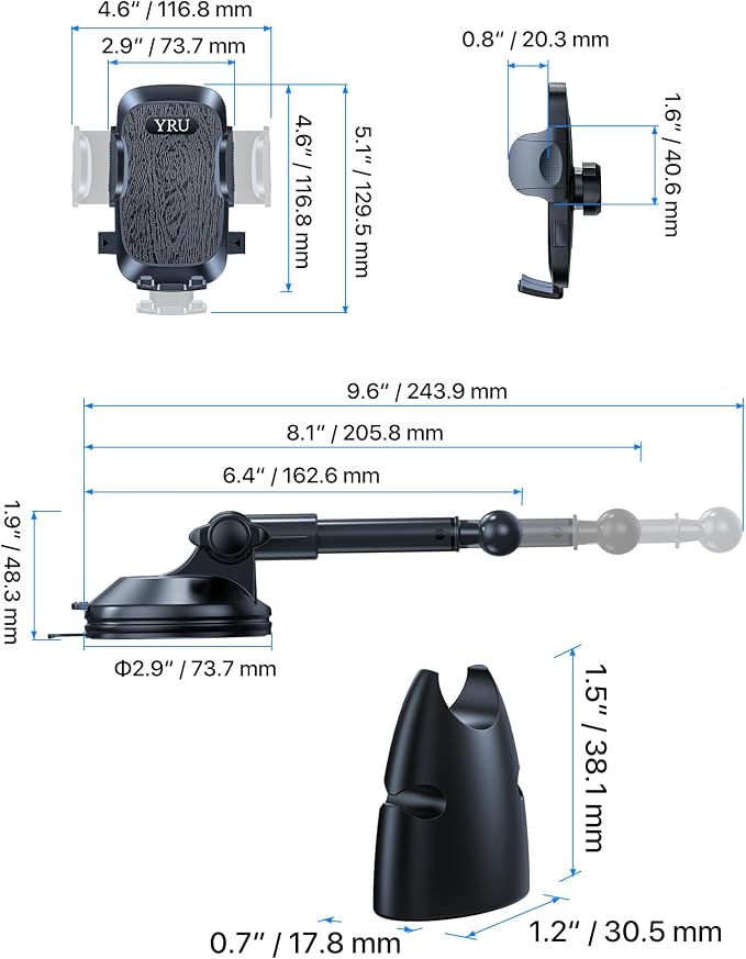 YRU True Upgrade for Safety Car Phone Holder Mount Patent & Military-Grade Dashboard Cell Phone Holder for Car Vent Windshield Phone Stand for iPhone 17 16 15 14 13 Pro Max Truck Samsung, Matte Black