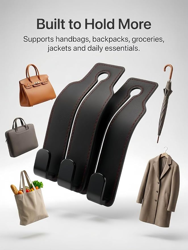 2 Pack Car Seat Headrest Hooks, Black Leather Car Purse Hangers with Red Stitching, Vehicle Back Seat Organizer Hooks for Handbags, Grocery Bags, Keys, Jackets and Accessories