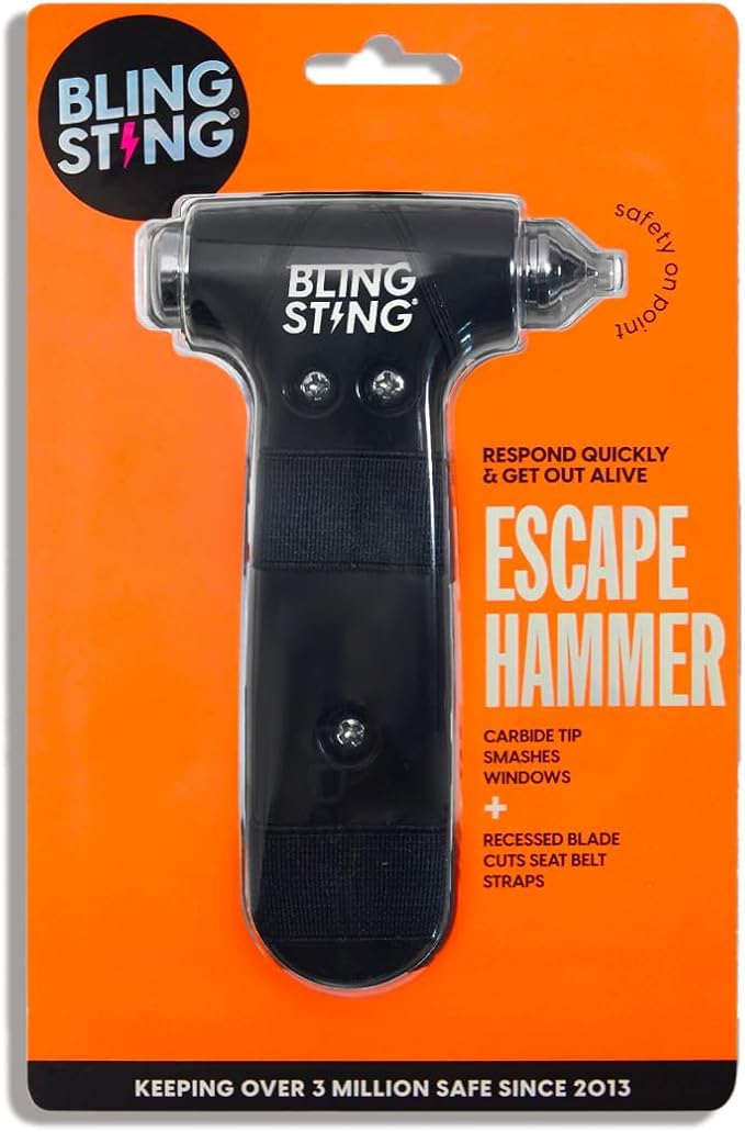 Safety Hammer - Emergency Automotive Escape Tool with Window Breaker, Seat Belt Cutter & Adjustable Car Visor Strap - Tempered Glass Breaker - Steel Blade - Black (1 Count)