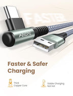 AINOPE USB C Cable 4-Pack [10/6.6/3.3/3.3FT] 3.2A 90 Degree USB C Cable Packs, Nylon Braided Angled USB C Cable Fit for Galaxy S10 S9 S8 Plus S21, Note 10 9 8, LG, Galaxy S21 Charger Fast Charging