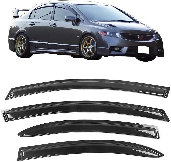 Fit 2006-2011 Honda Civic Sedan Only Tape on Slim Style Window Visor |, Acrylic, Smoke Tinted, Sun Rain Wind Guards Shield Vent, Wind Deflector, 2007 2008 2009 2010, Self-Adhesive