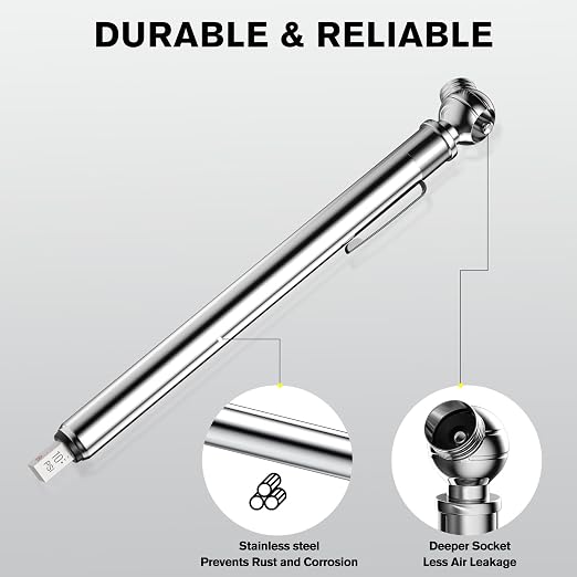 Pencil Tire Pressure Gauge 2 Pack, 10-75PSI Air Pressure Gauge with Tire Caps, Stainless Steel Body, 3 Measurements (±2% Span) for Cars, RVs, Bicycles