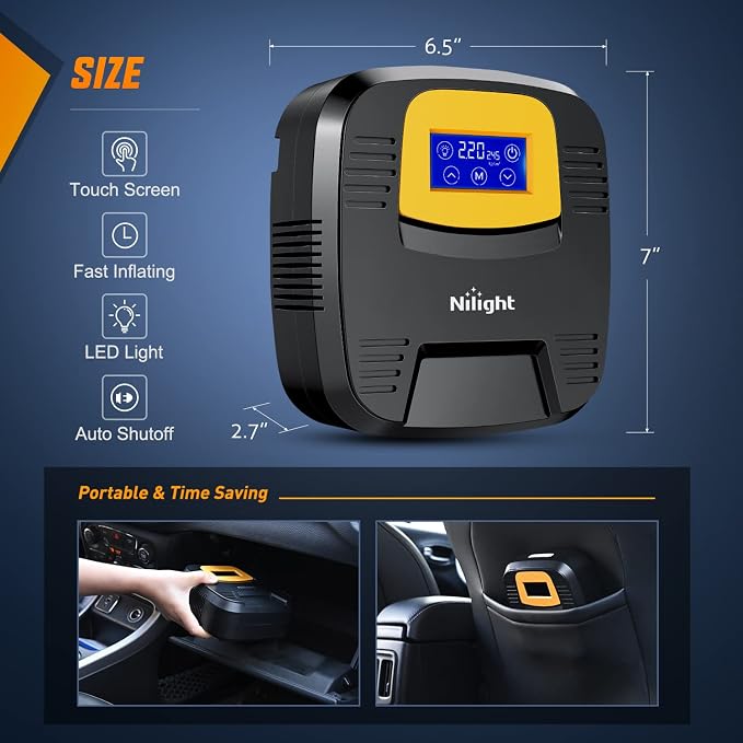Tire Inflator Air Compressor Portable Pump for 12V DC Car Tires with Digital Pressure Gauge 150PSI Auto LED Light Cars ATVs Bicycles