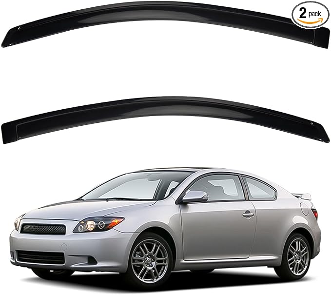 2pcs Smoke Tint Sun Rain Guard Vent Window Visors Compatible with 2005-2010 Scion tC, Outside Mount Tape On Style Acrylic Set of 2 Front