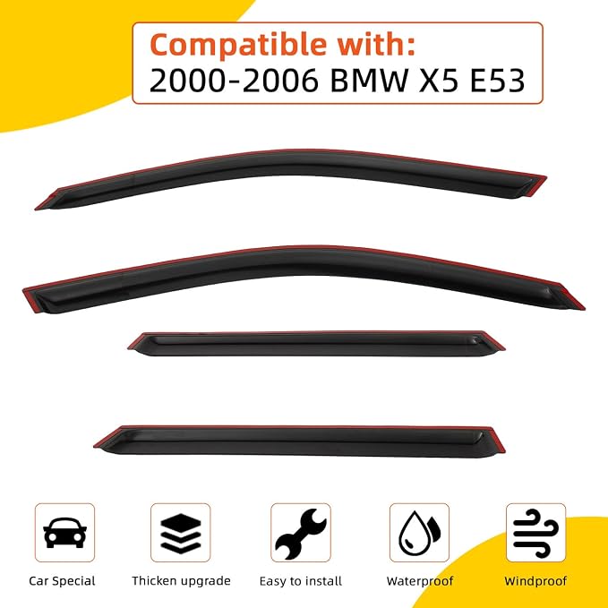 Rain Guards Compatible with 2000-2006 BMW X5 E53 4-Door Tape-On Side Window Visor Wind Deflector Vent Visors Car Accessories