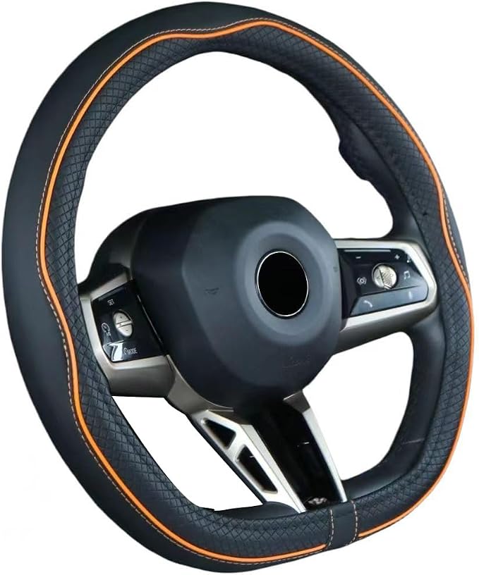 Flat Bottom Steering Wheel Cover Anti-Slip,Safety,Soft,Breathable,Durable,Full Surround,Comfortable Grip Microfiber Leather (D Shape, Black Orange)