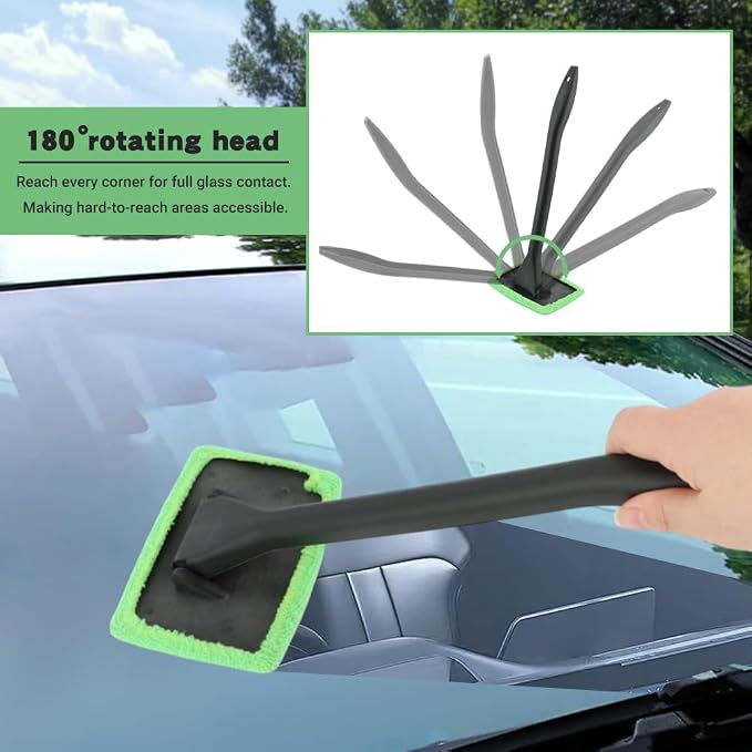 Car Windshield Cleaning Tool, Windshield Cleaner with 5 Reusable Microfiber Pads and Extendable Handle, Auto Glass Wiper Kit for Interior/Exterior Dirty Car Windows(Color:Green)