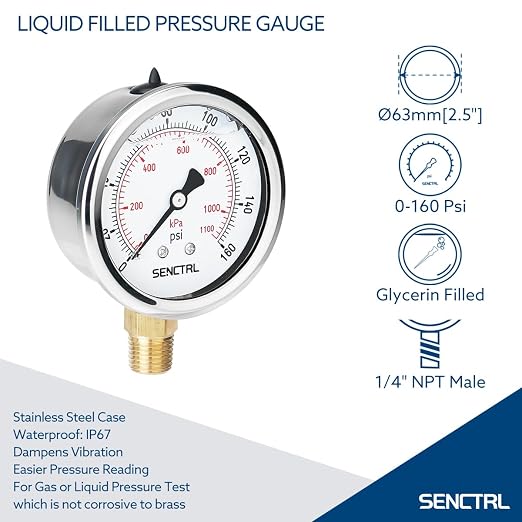 0-160 Psi Glycerin Liquid Filled Air Pressure Gauge, 2.5" Dial Size, 1/4" NPT Lower Mount, Stainless Steel Case, Water Pump, Tire, Large Air Compressor, Well Pump, RV Regulator Pressure Test