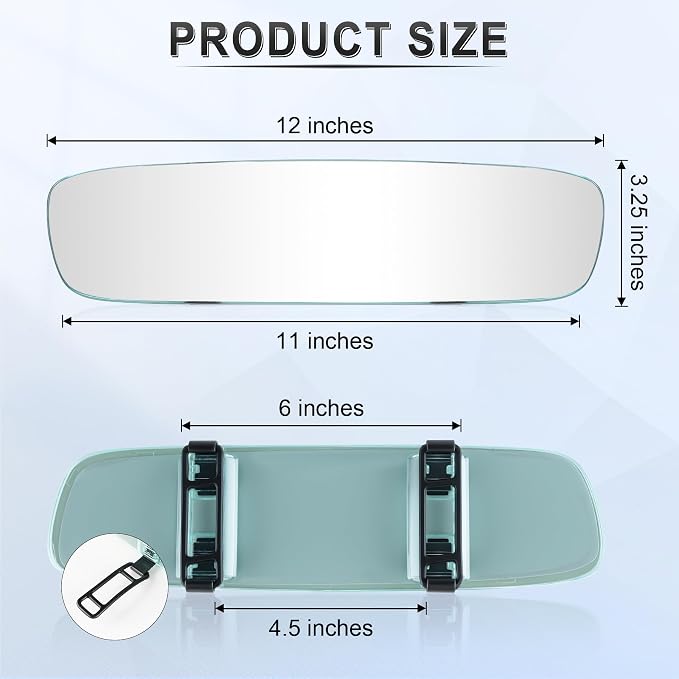 Rear View Mirror, Universal 12" (305mm) Wide-Angle Panoramic Convex Rearview Mirror with Clear Slim Frame, Strap-On Design Fits Original to Reduce Blind Spots for Cars SUVs Trucks