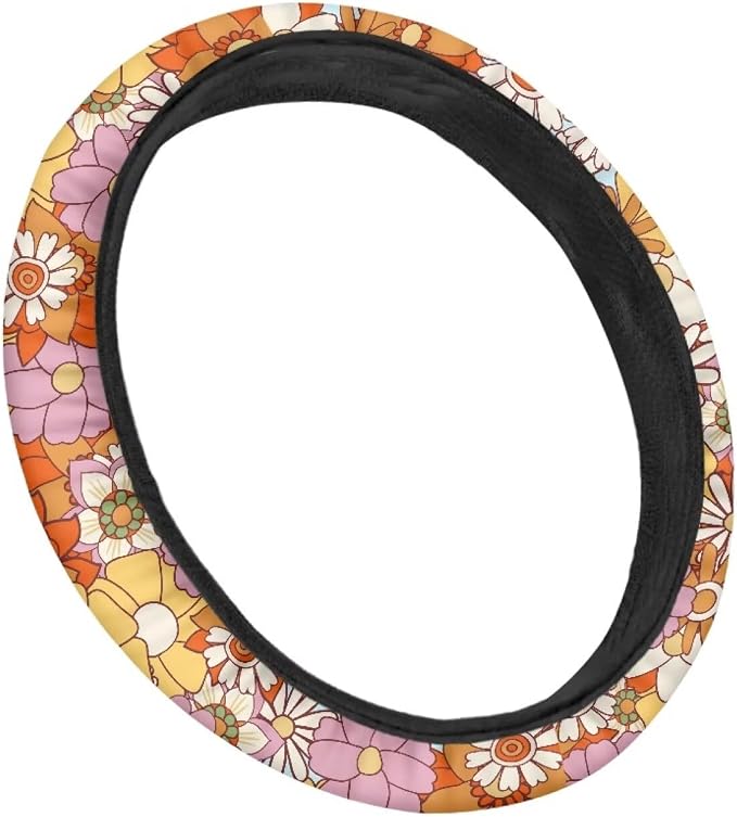Retro Hippie Flower Pattern Universal Steering Wheel Cover Sweat Absorption Car Wheel Cover Polyester Cover with Anti-Slip Lining Car Decoration Fit Most Van Truck Car SUV