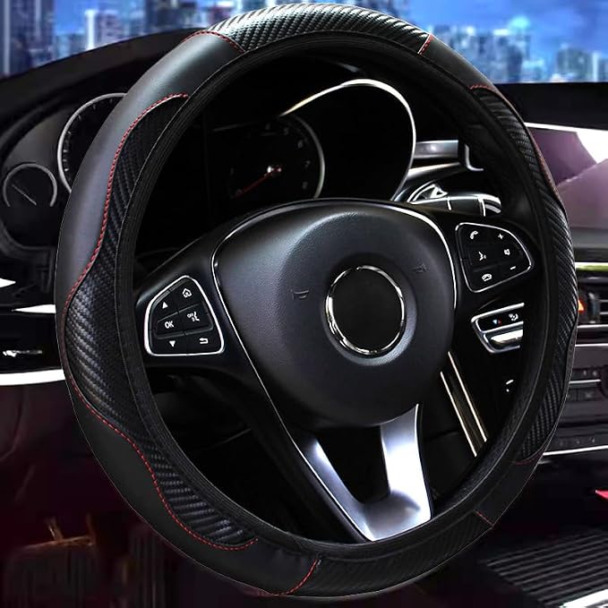 Ultra Fine Carbon Fiber Leather Steering Wheel Cover, Anti Slip and Sun Protective Protect The Steering Wheel, Easy to Install,Universal of 14.5"-15" (Black)