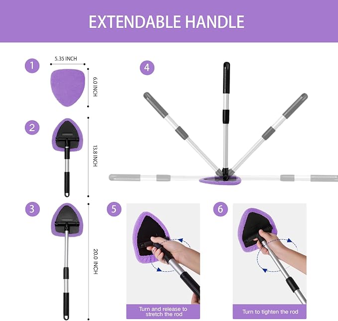 10pcs Windshield Cleaner Tool, Car Window Cleaning Wash Kit with 4 Reusable Microfiber Pads 1 Spray Bottle and Extendable Handle Auto Glass Wiper Kit, Purple