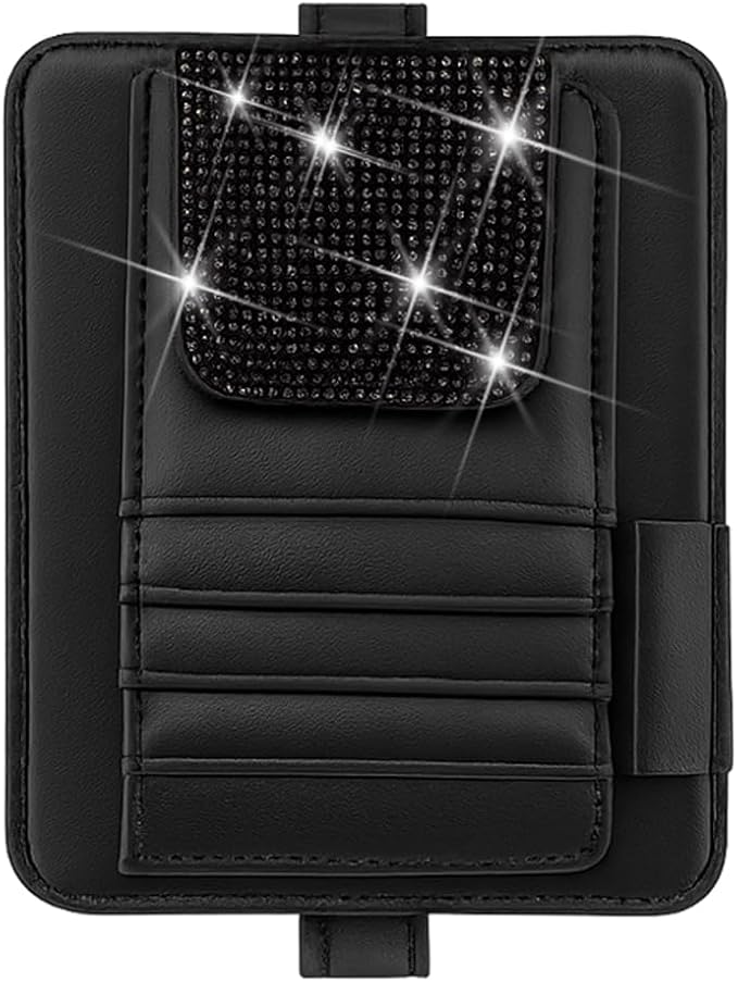 Bling Car Sun Visor Organizer, Multi Pocket Crystal Rhinestone Vehicle Sunshade Card Sleeve Storage Pouch with Pen Sunglass Holder, Auto Interior Visor Organizer Pouch, Universal Fit (Black)