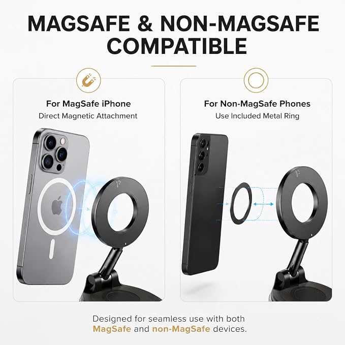 Vacuum Magnetic Phone Holder for Car, 96LBS Suction Cup & 2800gf Magnetic Hold, 360° Foldable MagSafe Car Mount for Dashboard, Windshield, Gym & Mirror, Compatible for iPhone 17–12 and Android