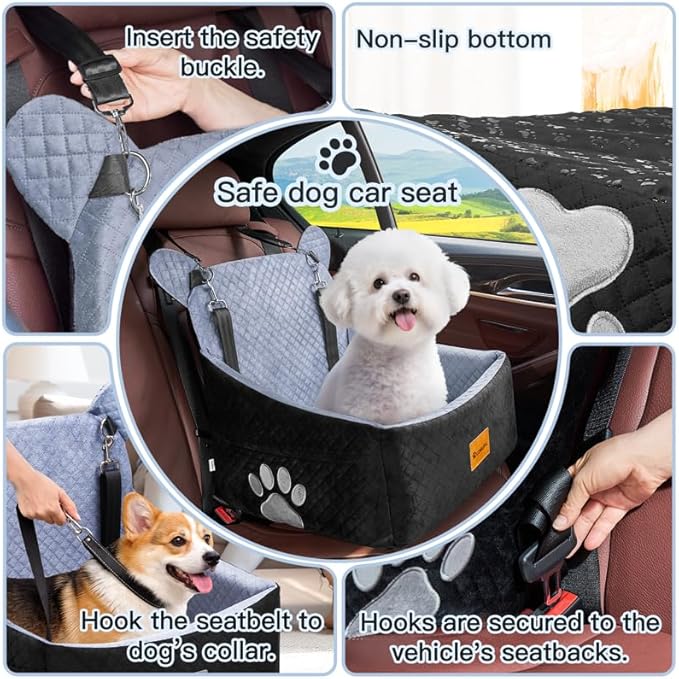 Dog car Seats for Small/Medium Dogs up to 33lbs- Washable, Waterproof, Dog Booster & car Seats with 2 Easy-Install Safety Belts, Non-Slip Base & Storage Pocket(Grey Black).